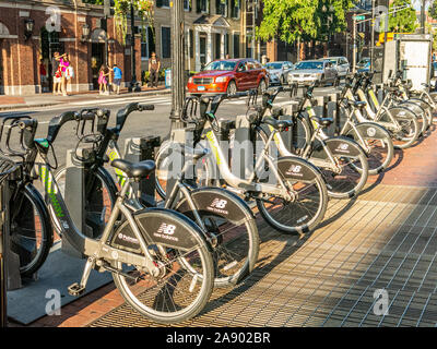 Fahrräder mieten in Harvard Square, Cambridge, MA Stockfoto