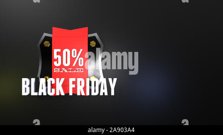 Schwarzer Freitag 50 Prozent verkauf Label mit Farbband und Abzeichen oder Tag für Flyer und Banner. 3D-Darstellung Stockfoto