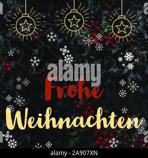 Abbildung mit 'Frohe Weihnachten in deutscher Sprache geschrieben, mit Sternen und Dekorationen. Weihnachten Modell für Web, Tapeten, digitale Grafiken. Stockfoto