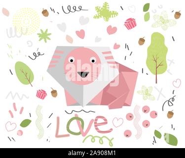 Children's poster with a lion cub and the inscription love. Vector illustration. Stock Vektor