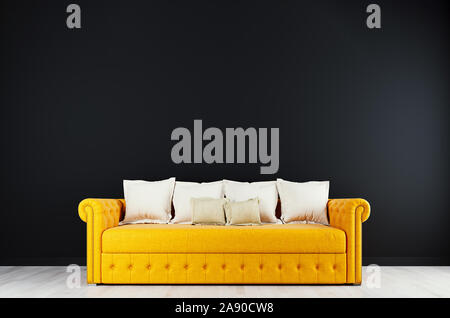 Schwarz mock up Wand mit Orange Sofa in modernen Interieur Hintergrund, Wohnzimmer, skandinavischen Stil, 3D-Rendering, 3D-Darstellung Stockfoto