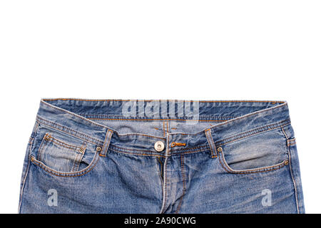 Verschiedene Stücke der blauen Jeans auf einem weißen Hintergrund. Die Kombination aus Stoff und leeren Raum. Bereit für Designer. Stockfoto
