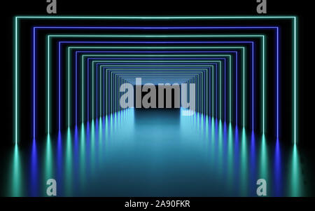 Hintergrund des leeren dunklen Raum. Leere Wände, Neonlicht, Rauch, glow 3d-render Abbildung Stockfoto