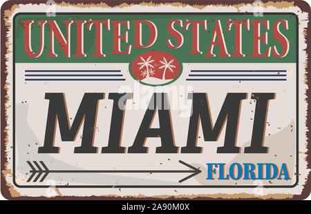 Miami Beach vintage rostiges Metall Zeichen auf weißem Hintergrund, Vector Illustration Stock Vektor