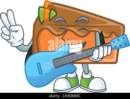 Stück Kuchen in der zeichentrickfigur mit Gitarre. Stock Vektor