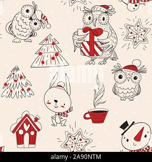 Vektor nahtlose Muster für Winterurlaub mit cutecartoon Tiere und Weihnachtsschmuck. Stock Vektor