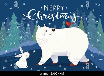 Vektor Weihnachtskarte mit Eisbär und Baby Hase. Frohe Weihnachten Vektor Karte. Stock Vektor