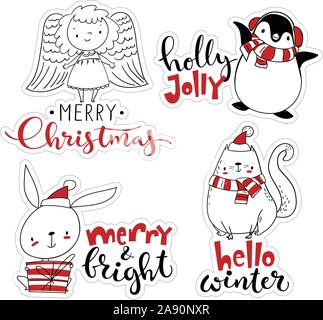Cute Vector skandinavischen Stil Winter Aufkleber mit cartoon Weihnachten Zeichen. Stock Vektor