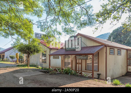 PILGRIMS REST, SÜDAFRIKA - 21. MAI 2019: eine Straße, Szene, mit historischen Gebäuden, in Pilgrims Rest, Mpumalanga Stockfoto