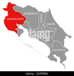 Guanacaste rot markiert auf der Karte von Costa Rica Stockfoto