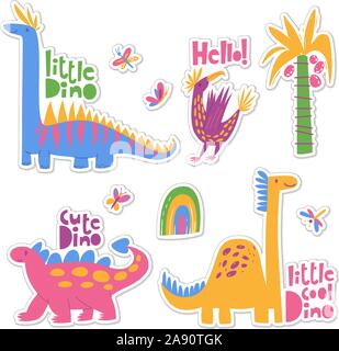 Dekor Aufkleber mit coolen Dinosaurier, Pflanzen und Schriftzug. Stock Vektor