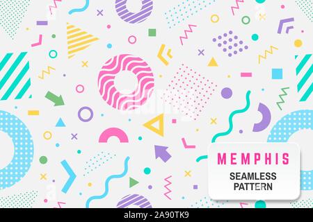 Memphis nahtlose Muster. Vector Illustration. Verschiedene halftone geometrische Form und die bunte geometrische Formen nahtlose Muster. Stock Vektor