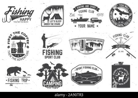 Satz von outdoor adventure Patches mit inspirierenden Zitaten und Fishing Club Abzeichen. Vektor. Konzept für Hemd oder Drucken, Stempel oder T-Stück. Vintage Design mit rv Trailer, camping Zelt, Fisch Stange, tragen. Stock Vektor