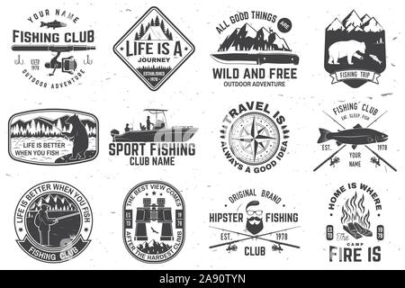 Satz von outdoor adventure Patches mit inspirierenden Zitaten und Fishing Club Abzeichen. Vektor. Konzept für Hemd oder Drucken, Stempel oder T-Stück. Vintage Design mit rv Trailer, camping Zelt, Fisch Stange, tragen. Stock Vektor