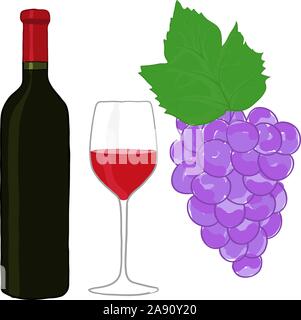 Flasche Rotwein, Glas und Traube. Skizze Stock Vektor