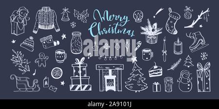 Frohe Weihnachten und guten Rutsch ins Neue Jahr Vector gemütlichen Stil eingerichtet. Hand winter Elemente dargestellt. Weihnachtsbaum, Pullover, Kamin und anderen Dekor für celebrat Stock Vektor