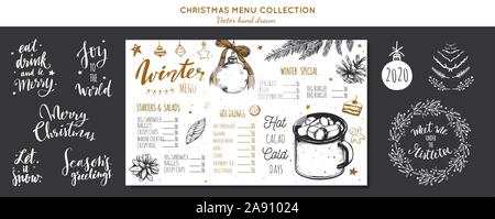 Winter Special saisonale Vektor Menü schwarzes Brett Vorlage, Broschüre. Frohe Weihnachten und ein glückliches neues Jahr Hand gezeichnete Illustrationen, Beschriftung und calligra Stock Vektor