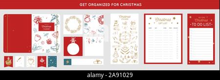 Frohe Weihnachten Veranstalter, Planer, Notepad, Tagebuch mit Vector handgezeichnete Illustrationen und handschriftliche Kalligraphie. Frohes neues Jahr vintage Elemente. Stock Vektor