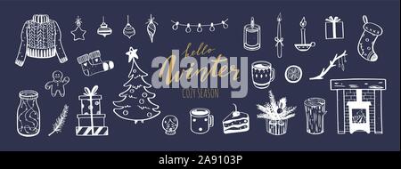 Hallo Winter und Frohe Weihnachten vektor Hand gezeichnet. Neujahr gratulieren. Gemütliche vintage styled Sammlung. Kamin, Weihnachtsbaum, de Stock Vektor