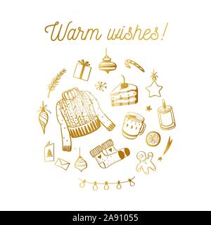 Frohe Weihnachten und guten Rutsch ins Neue Jahr vector Karte. Herzliche wünsche Konzept mit Hand gezeichnet Vintage Elemente Stock Vektor