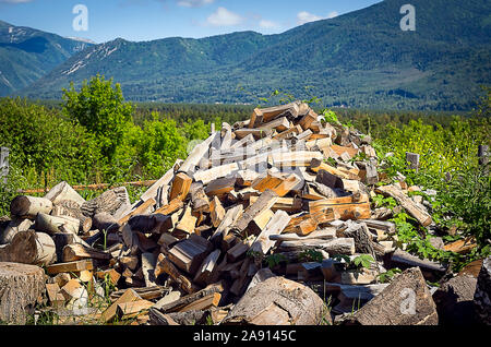 Stapel der hackte Brennholz im Bergdorf an einem Sommertag. Stockfoto