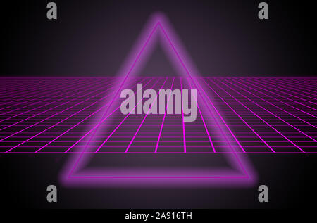 Im Stil der 80er Sci-fi, schwarzen Hintergrund hinter lila Dreieck in der Mitte der eine Abbildung. futuristische Plakat Vorlage. Synthwave Banner. Stockfoto