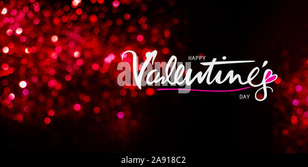 Hand happy valentines day text auf einer rot-schwarzen Hintergrund mit funkelnden Lichtern bokeh geschrieben. Stockfoto