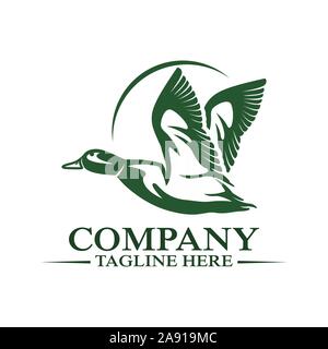 Moderne fliegende Ente und Logo auf der Jagd. Vector Illustration. Stock Vektor