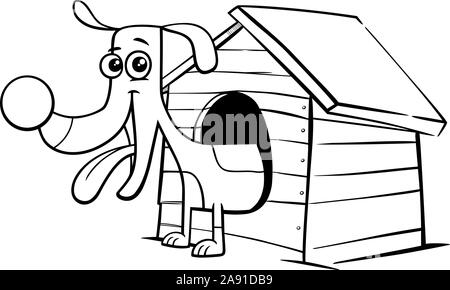 Schwarze und Weiße Cartoon Illustration von Happy Dog Comic Tier Charakter in seiner Hundehütte Malbuch Seite Stock Vektor