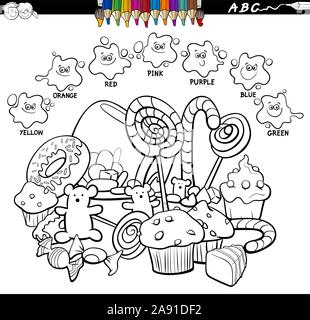 Schwarze und Weiße Cartoon Illustration der Grundfarben pädagogische Arbeitsblatt mit Süßigkeiten und süße Speisen Objekte gruppieren Malbuch Seite Stock Vektor