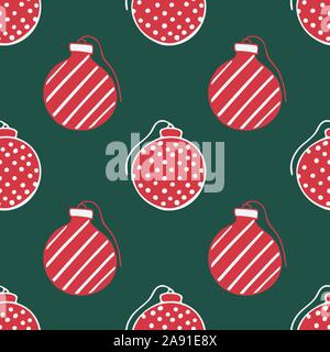 Nahtlose Muster mit Hand gezeichnet doodle Abbildung: Christbaumschmuck. Neues Jahr und Weihnachten Baum Vektor Dekoration auf dunklem Grün backgrou Stock Vektor