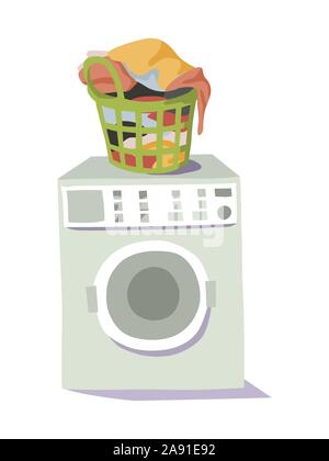 Waschmaschine und Korb mit schmutziger Wäsche auf weißem Hintergrund. Vektor flachbild Abbildung. Stock Vektor