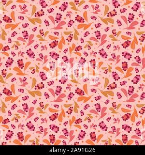 Vintage fallen Vektor nahtlose Hintergrund, rote Beere und geometrische Form auf rosa Hintergrund. Herbst Design, Herbst, Blumen-, Vektor nahtlose Muster mit Berry und Anlage. Florales Dekor. Stock Vektor