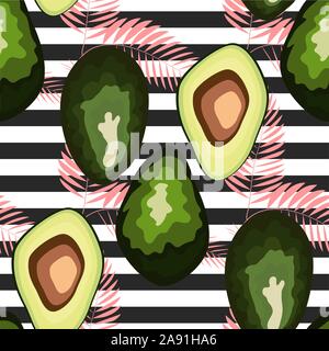 Nahtlose Muster von Avocado Früchte mit Palm Blätter auf einen gestreiften Hintergrund. Stock Vektor