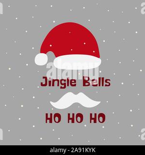 Die Inschrift jingle bells und Ho Ho Ho. Santa Claus hat und Schnurrbart, Schnee auf einem grauen Hintergrund. Karte Abbildung Stock Vektor