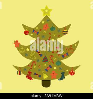 Weihnachtsbaum mit verschiedenen Spielsachen und Süßigkeiten eingerichtet. Urlaub Karte, Geschenk, Interieur, Element, Neujahr Stock Vektor