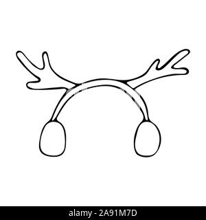 Hirsch Hörner hoop Weihnachten im Stil von Doodle. Schwarze und weiße Abbildung. Festliche Zubehör Stock Vektor