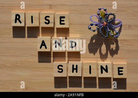 Rise and Shine in 3d Holz- Buchstaben des Alphabets mit einem handgefertigten Glasperlen Blumen auf einem bambus holz Hintergrund. Stockfoto