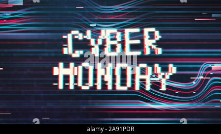 Cyber Monday Inschrift in verzerrten glitch Stil auf schwarzem Hintergrund Stockfoto