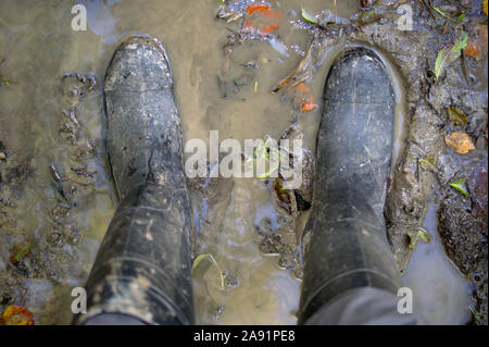 Das Tragen von Gummistiefeln und stehen in einem Pool von Schlamm und Blättern Stockfoto