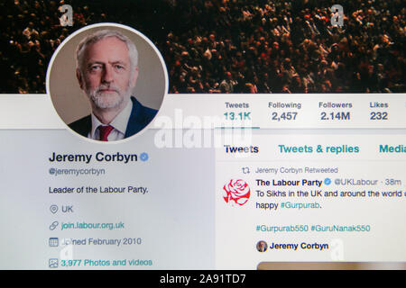 London, Großbritannien. 12 Nov, 2019. Ein Screenshot der Seite Twitter die Labour Party leader Jeremy Corbyn's. Credit: Dinendra Haria/SOPA Images/ZUMA Draht/Alamy leben Nachrichten Stockfoto