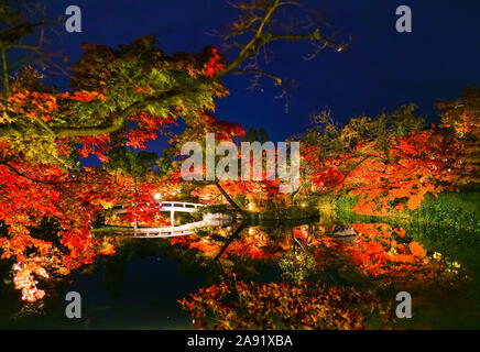 Ansicht der Zenrin-ji-Tempel mit bunten Bäumen in der Nacht im Herbst in Kyoto, Japan angezeigt. Stockfoto