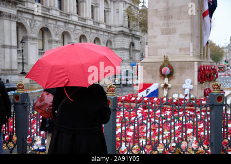 Westminster, London, Großbritannien. November 2019. An einem nassen regnerischen Nachmittag in London kommen Menschen und zollen gefallenen Helden im Cenotaph Tribut, wo noch Kränze aus den Wochenendzeremonien gesammelt werden. Stockfoto