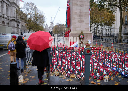 Westminster, London, Großbritannien. November 2019. An einem nassen regnerischen Nachmittag in London kommen Menschen und zollen gefallenen Helden im Cenotaph Tribut, wo noch Kränze aus den Wochenendzeremonien gesammelt werden. Stockfoto