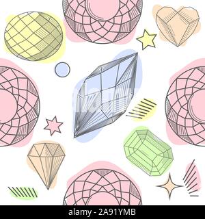 Nahtlose Muster mit Diamanten, jems, Steine und abstrakte Formen. Trendy hipster Design mit Mineralien und Kristallen. Stock Vektor