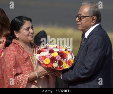 Kathmandu, Nepal. 12 Nov, 2019. Nepali Präsident Bidhya Devi Bhandari (L) begrüßt Präsident von Bangladesh M Abdul Hamid am internationalen Flughafen Tribhuvan in Kathmandu, der Hauptstadt von Nepal, Nov. 12, 2019. Präsident von Bangladesh M Abdul Hamid kam in Kathmandu am Dienstag zu einem Viertägigen offiziellen Goodwill besuchen. Credit: Str/Xinhua/Alamy leben Nachrichten Stockfoto