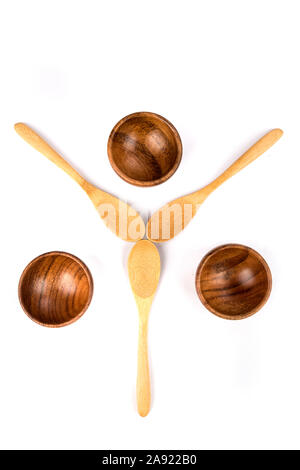 Drei flachen Löffel Bambus in einer y-Form für die Anzeige mit 3 Schalen Stockfoto