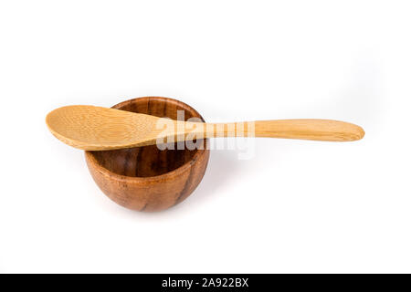 Single Holz Bambus flachen Löffel mit einer Schüssel für Messen oder Essen Stockfoto