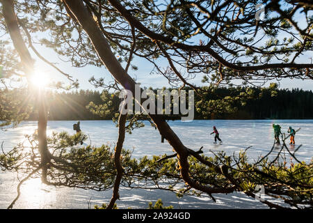 Eisläufer auf dem zugefrorenen See Stockfoto