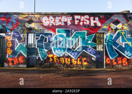 Die Stadt Cork, Cork, Irland. 12. November 2019. Graffiti gemalt auf der Wand des Mardyke Sportplatz neben Fitzgerald's Park, der größten Stockfoto